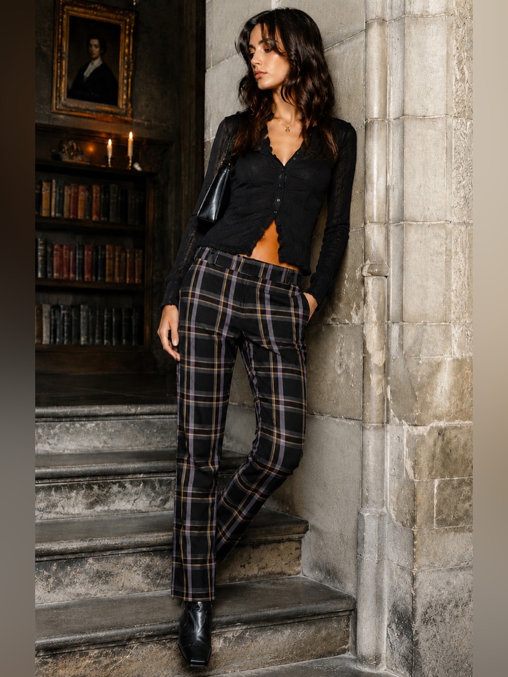 Vintage Y2K Artizan Robin Barré Plaid Slim Ankle Pants Black Grey Screen Worn L